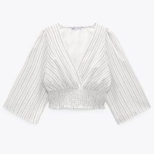 Zara Linen Blend Blouse Cross Wrap Striped Crop